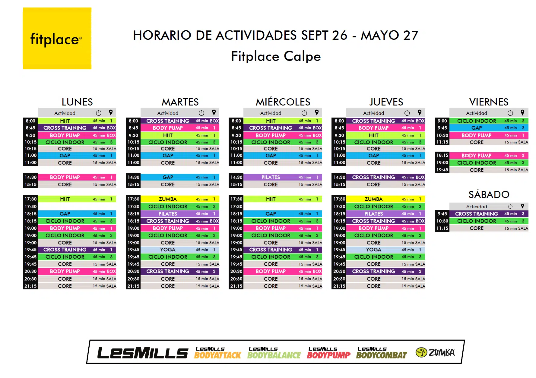 Horario actividades Fitplace Calpe