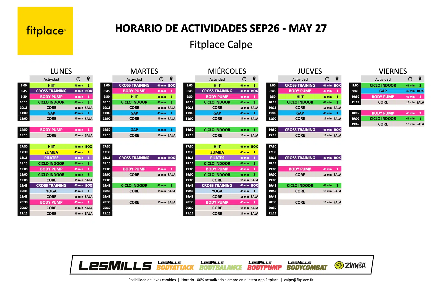 Horario actividades Fitplace Calpe
