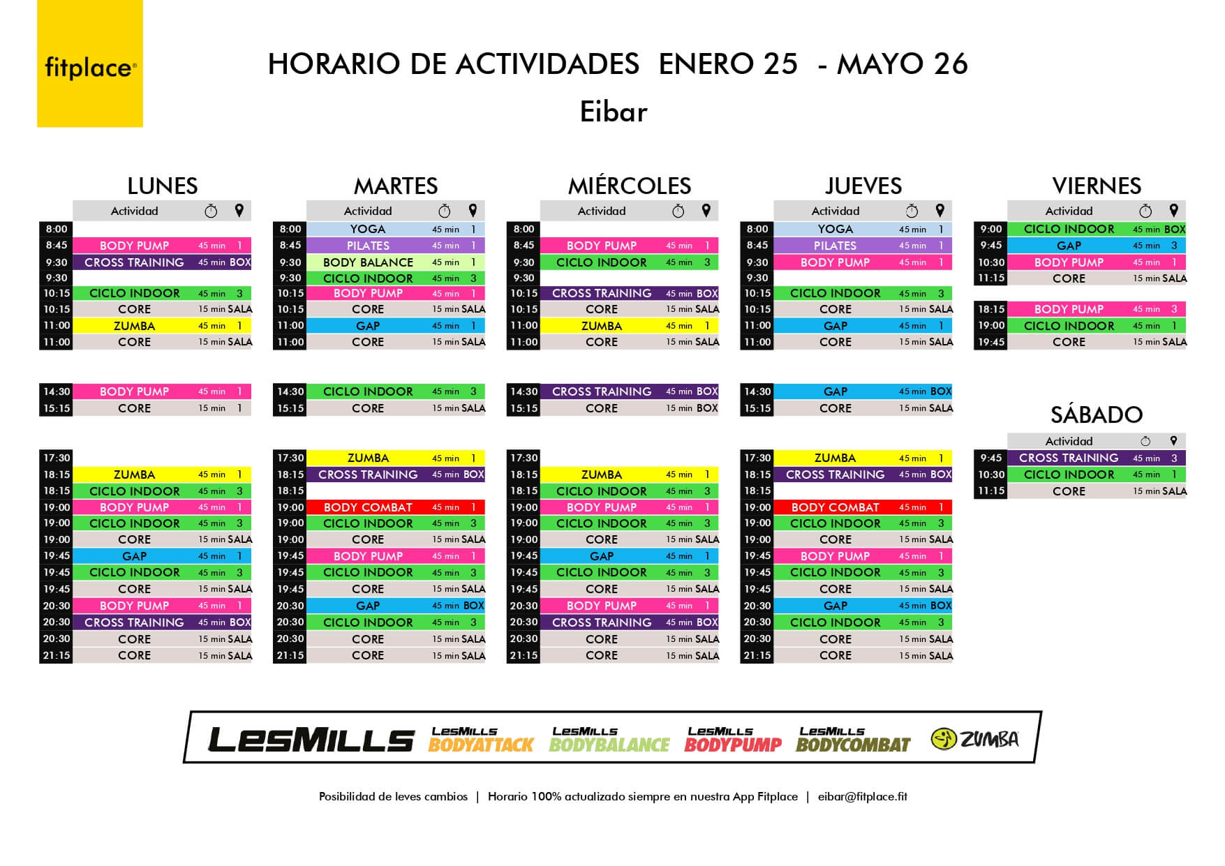 Horario de actividades de Fitplace Eibar