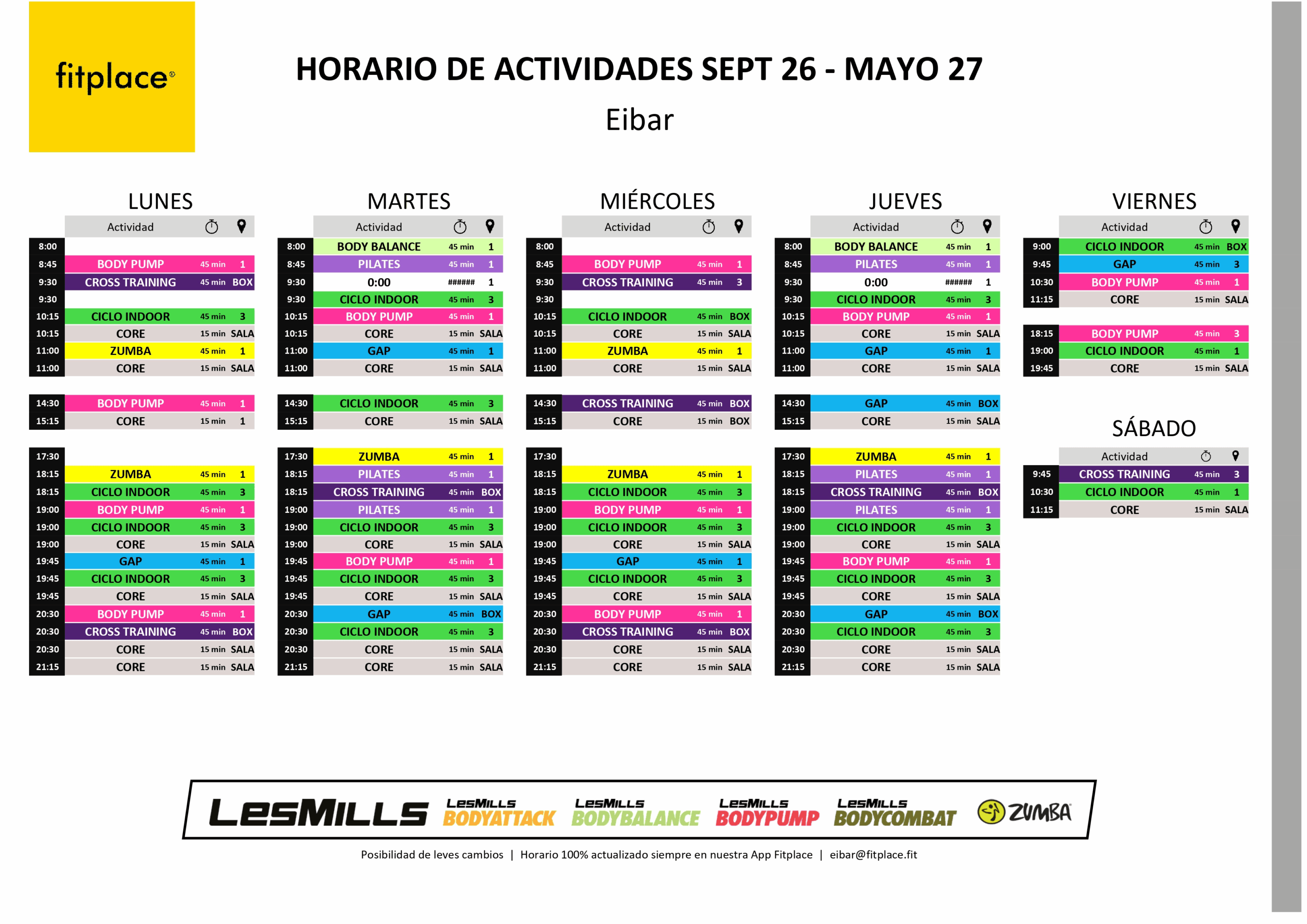 Horario actividades Fitplace Eibar
