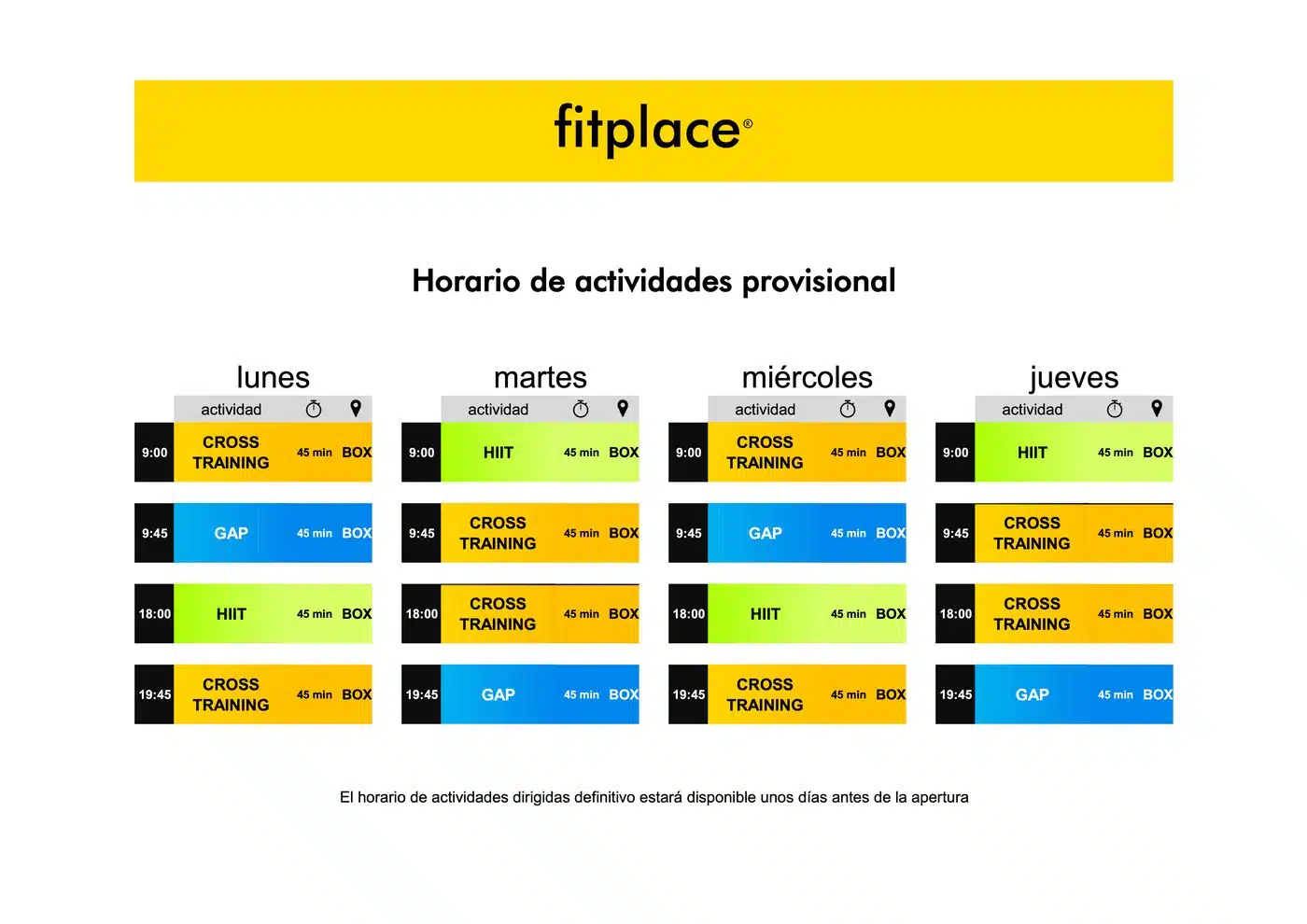 Horario de actividades dirigidas provisional de Fitplace Estella