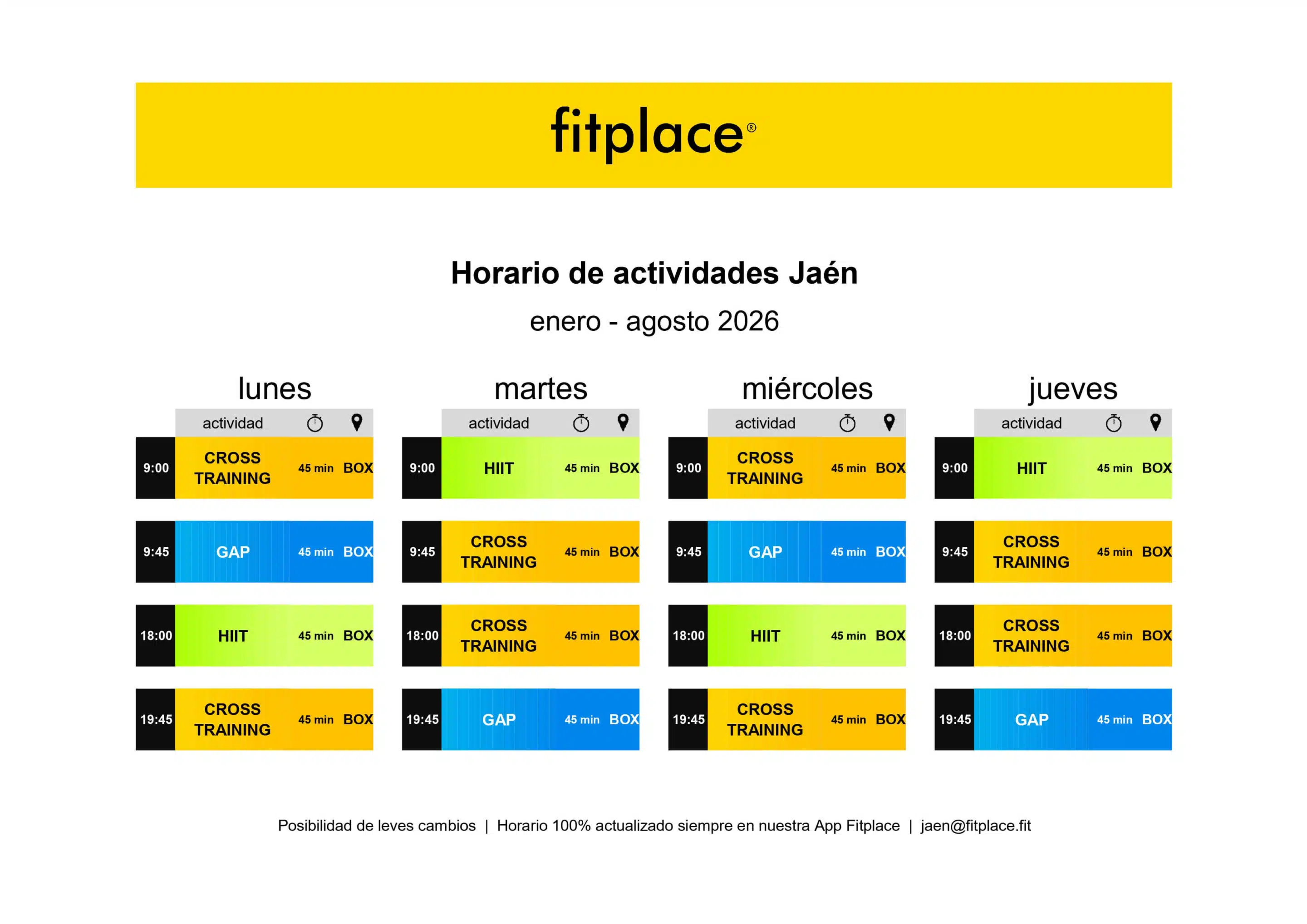 Horario actividades Fitplace Jaén